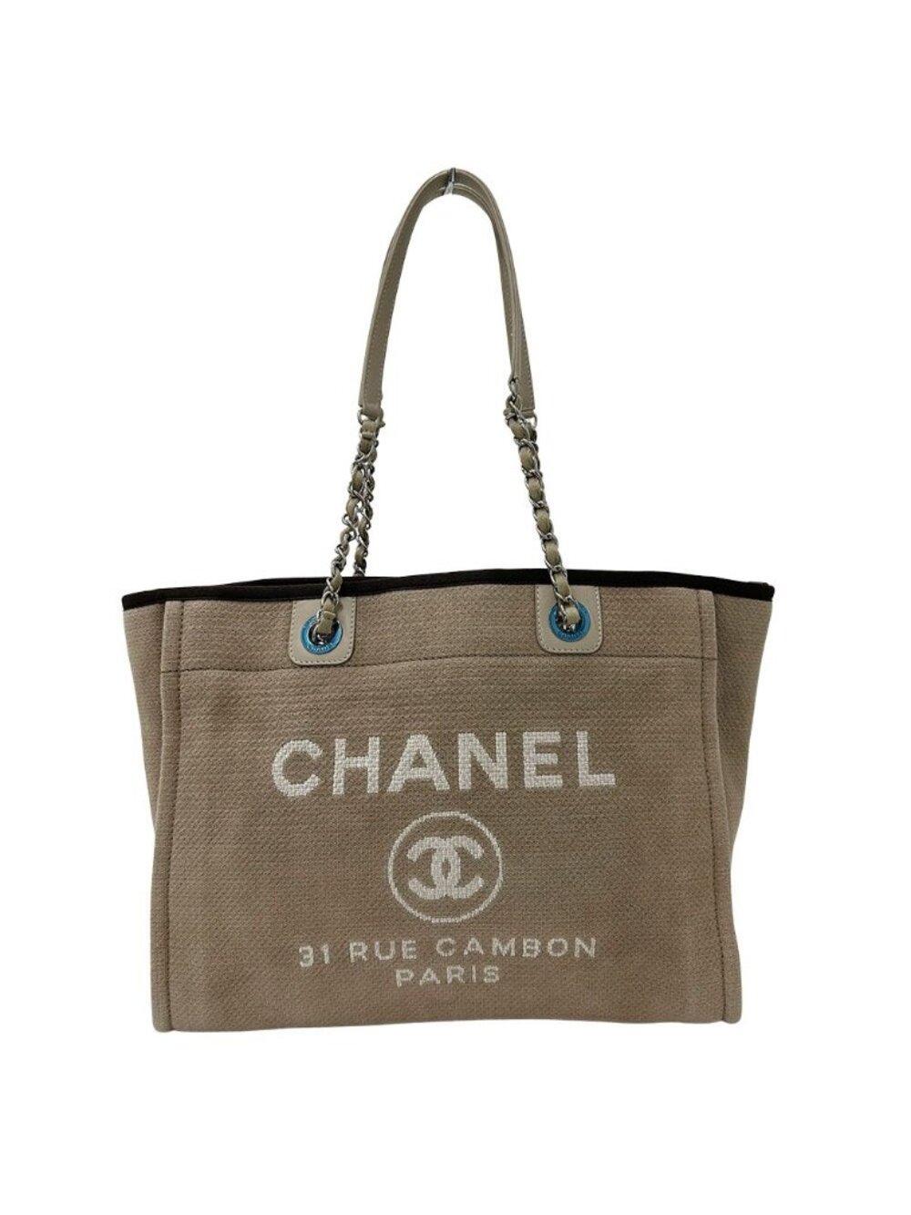 Chanel Bag Tote Deauville Chain Canvas Beige Silver